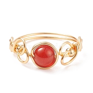 Natural Red Agate Braided Finger Ring, Copper Wire Wrap Gemstone Jewelry for Women, Golden, US Size 8 1/2(18.5mm)(RJEW-TA00042-03)