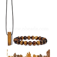 Natural Tiger Eye Beads Stretch Bracelets & Pendant Necklaces Sets for Men, 7.48 inch(190mm)(PW-WGF85DB-04)