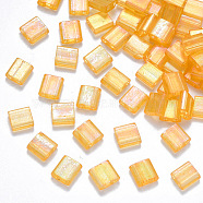 2-Hole Baking Painted Transparent Glass Seed Beads, AB Color Plated, Rectangle, Gold, 5x4.5~5.5x2~2.5mm, Hole: 0.5~0.8mm, about 118pcs/10g(X-SEED-S031-L-251)