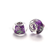 Handmade Lampwork European Beads, Large Hole Rondelle Beads, with Glitter Powder and Platinum Tone Brass Double Cores, Bumpy Lampwork, Flower, Blue Violet, 14~15x9~10mm, Hole: 5mm(X-LPDL-N001-047-D13)