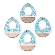 Transparent Resin & White Wood Pendants, Hollow Teardrop Charms with Paillettes, Light Sky Blue, 37.5x28x3~3.5mm, Hole: 2mm(RESI-N039-49)