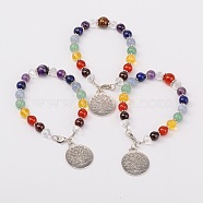 Multi-Color Gemstone Chakra Charm Bracelets, with Tibetan Style Tree of Life Pendant, Glass Beads, Tibetan Style Spacers and Brass Lobster Claw Clasps, Antique Silver, Mixed Stone, 195mm(BJEW-JB01691)