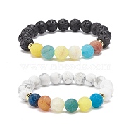 2Pcs 2 Style Natural Weathered Agate(Dyed) & Lava Rock & Synthetic Howlite Round Beaded Stretch Bracelets Set, Essential Oil Gemstone Jewelry for Women, Inner Diameter: 2 inch(5.2cm)(BJEW-JB08399)