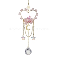 Natural Rose Quartz Chip Beads with Brass Finding Pendant Decorations, Heart Hanging Suncatcher, 260mm(HJEW-JM01815-04)