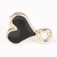 Alloy Enamel Stud Earring Findings, with Loop and 925 Sterling Silver Pins, Heart, Nickel Free, Golden, Black, 10.5x7.5mm, Hole: 1.5mm, Pin: 0.5mm(PALLOY-S106-41B-NF)