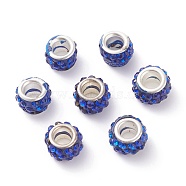 (Defective Closeout Sale Border damaged)Polymer Clay Rhinestone European Beads, Large Hole Beads, Rondelle, with Silver Color Plated Brass Cores, Sapphire, 10~11x7~7.5mm, Hole: 4.5~5mm(RB-XCP0001-05S-01)