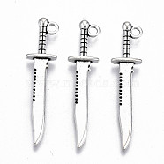 Tibetan Style Alloy Pendants, Lead Free & Cadmium Free, Knife, Antique Silver, 42.5x9.5x3.5mm, Hole: 2mm(X-TIBE-S323-090AS-RS)
