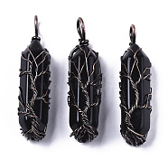 Natural Black Agate Big Wire Wrapped Pendants, with Brass Wires, prismatic with Tree of Life, Red Copper, 48~62x14~17x13~18mm, Hole: 4x5~6mm(G-T133-R02A)