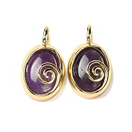 Natural Amethyst Oval Pendants, Ion Plating(IP) Golden Plated Brass Vortex Charms, 24x14x6mm, Hole: 4.5x2.5mm(G-K371-01G-07)