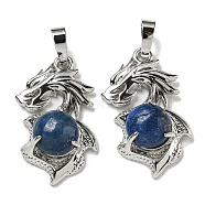 Dyed Natural Lapis Lazuli Pendants, Dragon Charms with Rack Plating Brass Findings, Platinum, Cadmium Free & Lead Free, 31x18x8~10mm, Hole: 5x8mm(G-G111-01P-07)