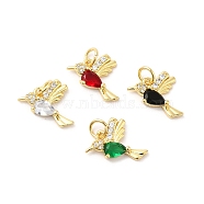 Real 16K Gold Plated Brass Micro Pave Cubic Zirconia Pendants, with Jump Ring, Hummingbird Charms, Mixed Color, 13x11.5x3mm, Hole: 3.5mm(ZIRC-L103-060G)