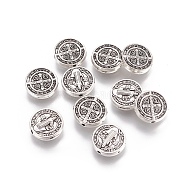 Tibetan Style Alloy Beads, Flat Round, Saint Benedict, with Word CssmlNdsmd, Antique Silver, 10x10.3x2.4mm, Hole: 1.2mm(PALLOY-L214-01AS)