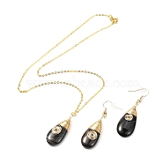 Brass Wire Wrapped Teardrop Natural Black Agate Pendant Necklace & Dangle Earrings, Stone Jewelry Set for Her, Golden, 57mm, Pin: 0.7mm, 17.9 inch( 45.5cm)(SJEW-JS01219)