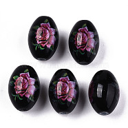 Printed & Spray Painted Opaque Glass Beads, Oval with Floral Pattern, Black, 15x10mm, Hole: 1.6mm(X-GLAA-S047-07B-A02)