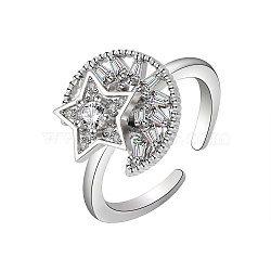 Star Moon Rotatable Open Ring for Women, Brass Cubic Zirconia Fidget Spinner Rings, Adjustable Relieve Stress Cuff Ring, Platinum, 13mm, Inner Diameter: Adjustable(PW-WG4E599-02)
