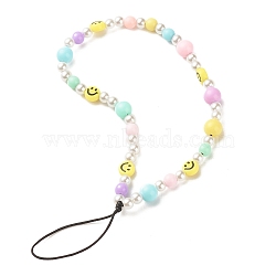 Smiling Face Acrylic Mobile Phone Straps, with ABS Plastic Imitation Pearl Beads, Colorful, 17.7cm(HJEW-JM00673)