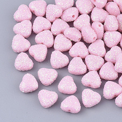 Opaque Acrylic Beads, with Glitter Powder, Heart, Pearl Pink, 8x9.5x5.5mm, Hole: 1.4mm(X-MACR-T033-06B)