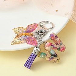 Resin Letter & Acrylic Butterfly Charms Keychain, Tassel Pendant Keychain with Alloy Keychain Clasp, Letter W, 9cm(KEYC-YW00001-23)