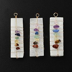 Chakra Jewelry, Natural Selenite Home Decorations, with Brass Wire Wrapped and Natural Gemstone Chip Beads, Rectangle, 45~60x17~20x4~7mm, Beads: 6~8x2~5mm(G-YW0001-20A)