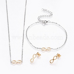 304 Stainless Steel Jewelry Sets, Bracelet, Necklaces and Earrings, Infinity, Golden & Stainless Steel Color, 18.1 inch(46.2cm), 1mm, 6-3/4 inch(17cm), 1mm, 13x5x2mm, Pin: 0.8mm(SJEW-F204-17GP)