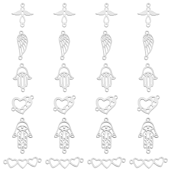 SUPERFINDINGS 24Pcs 6 Style 201 Stainless Steel Links Connectors, Angel & Wing & Heart & Hamsa Hand, Stainless Steel Color, 4pcs/style