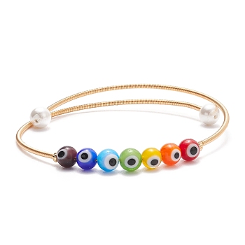 Lampwork Round with Evil Eye Beaded Cuff Bangle with Pearl, Gold Plated Copper Torque Bangle for Women, Colorful, Inner Diameter: 2-1/4 inch(5.8cm)