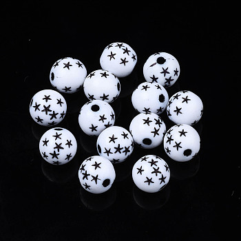 Opaque Acrylic Beads, Craft Style, Round with Black Star, White, 7.5mm, Hole: 1.8mm, about 2170pcs/500g