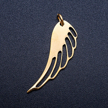201 Stainless Steel Pendants, with Unsoldered Jump Rings, Wing, Golden, 31x11x1mm, Hole: 3mm, Jump Ring: 5x0.8mm