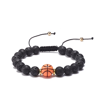 Natural Lava Rock & Acrylic Braided Bead Bracelet, Essential Oil Gemstone Jewelry for Men Women, Basketball Pattern, Inner Diameter: 2-1/8~3-5/8 inch(5.5~9.3cm)