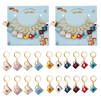 Alloy Enamel Pendant Stitch Markers, Crochet Leverback Hoop Charms, Locking Stitch Marker with Wine Glass Charm Ring, Cup with Heart Pattern, Mixed Color, 3.3~3.5cm, 10 styles, 1pc/style 10pcs/set