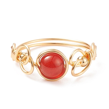 Natural Red Agate Braided Finger Ring, Copper Wire Wrap Gemstone Jewelry for Women, Golden, US Size 8 1/2(18.5mm)