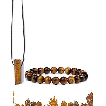 Natural Tiger Eye Beads Stretch Bracelets & Pendant Necklaces Sets for Men, 7.48 inch(190mm)