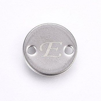 201 Stainless Steel Links connectors, Flat Round, Letter.E, Stainless Steel Color, 10x1mm, Hole: 1.5mm