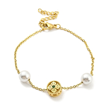 Brass Flower & Plastic Pearl Beaded Bracelet, with Ion Plating(IP) 304 Stainless Steel Chains, Long-Lasting Plated, Real 18K Gold Plated, 7-3/8 inch(18.7cm)