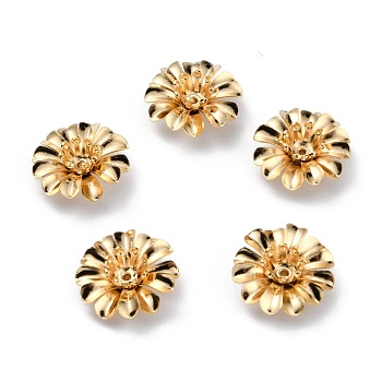Brass Bead Caps, Multi-Petal Flower, Real 24K Gold Plated, 14x5mm, Hole: 0.9mm