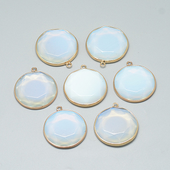 Opalite Pendants, with Brass Findings, Faceted, Flat Round, Golden, Light Steel Blue, 35.5x31.5x6~7mm, Hole: 2mm