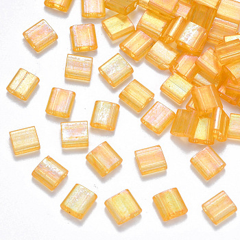 2-Hole Baking Painted Transparent Glass Seed Beads, AB Color Plated, Rectangle, Gold, 5x4.5~5.5x2~2.5mm, Hole: 0.5~0.8mm, about 118pcs/10g