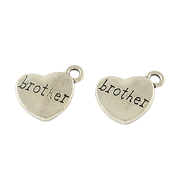 Tibetan Style Heart Alloy Pendants, with Word Brother, Cadmium Free & Lead Free, Antique Silver, 18x15x3mm, Hole: 3mm