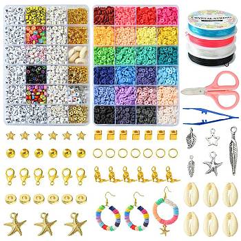 DIY Bracelet Making Kit, Including Smiling Face & Letter Acrylic & Polymer Clay Disc & Plastic & Natural Shell Beads, Brass Hoop Earring Findings, Leaf & Starfish Alloy & Plastic Pendants, Scissors, Mixed Color, 1711Pcs/box