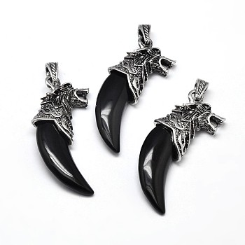 Tusk Shape with Wolf Antique Silver Zinc Alloy Natural Obsidian Big Pendants, Lead Free & Nickel Free, 53~57x23x10mm, Hole: 4.5x8mm