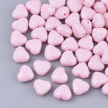 Opaque Acrylic Beads, with Glitter Powder, Heart, Pearl Pink, 8x9.5x5.5mm, Hole: 1.4mm