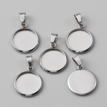 10Pcs 304 Stainless Steel Pendant Cabochon Settings, Plain Edge Bezel Cups, Flat Round, Stainless Steel Color, Tray: 12mm, 16.5x14x1.7mm, Hole: 2.8x4.8mm