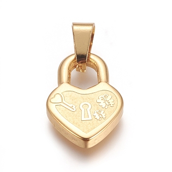 304 Stainless Steel Pendants, Heart Lock with Flower, Golden, 19x12.5x2.5mm, Hole: 5x4mm