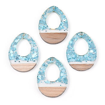Transparent Resin & White Wood Pendants, Hollow Teardrop Charms with Paillettes, Light Sky Blue, 37.5x28x3~3.5mm, Hole: 2mm