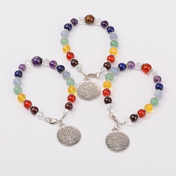 Multi-Color Gemstone Chakra Charm Bracelets, with Tibetan Style Tree of Life Pendant, Glass Beads, Tibetan Style Spacers and Brass Lobster Claw Clasps, Antique Silver, Mixed Stone, 195mm