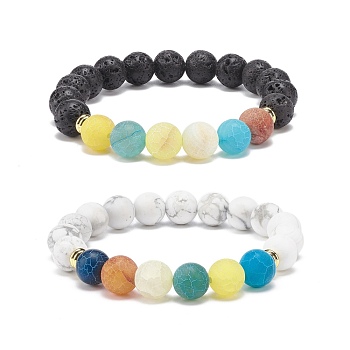 2Pcs 2 Style Natural Weathered Agate(Dyed) & Lava Rock & Synthetic Howlite Round Beaded Stretch Bracelets Set, Essential Oil Gemstone Jewelry for Women, Inner Diameter: 2 inch(5.2cm)