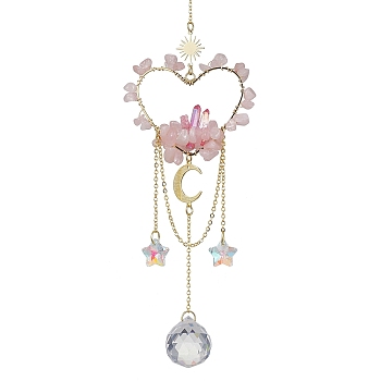 Natural Rose Quartz Chip Beads with Brass Finding Pendant Decorations, Heart Hanging Suncatcher, 260mm