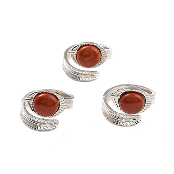 Oval Natural Red Jasper Cuff Ring, Brass Leaf Wrap Open Ring for Women, Cadmium Free & Lead Free, Platinum, US Size 8 1/2(18.5mm)
