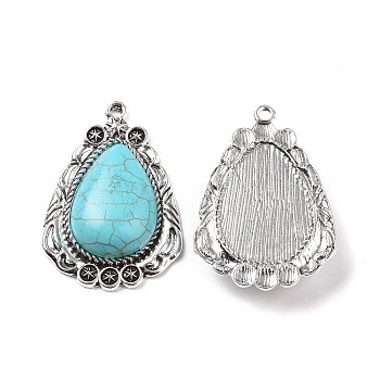 Alloy Pendants, with Synthetic Turquoise, Teardrop Charms, Antique Silver, 47x32x7.5mm, Hole: 2.5mm