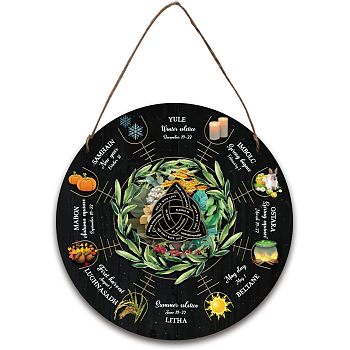 Artsy Woodsy Wheel of the Year Wood Witch Calendar Hanging Wall Decorations, with Jute Twine, Flat Round with Word, Knot Pattern, 300x5mm